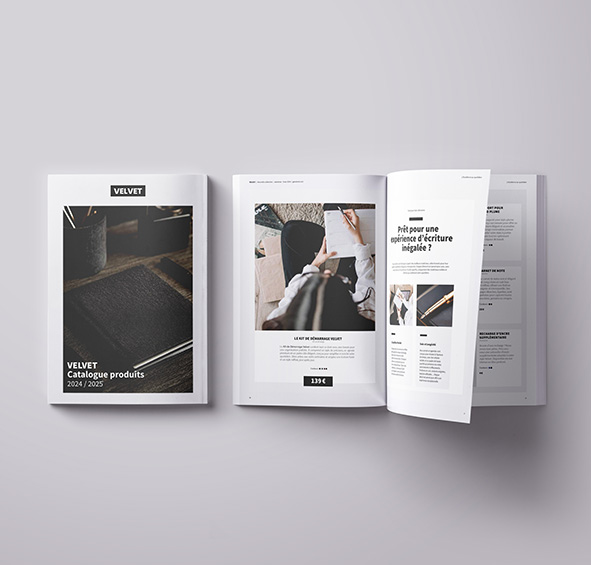 Catalogue de la marque Velvet présentant des stylos, carnets et agendas haut de gamme.
