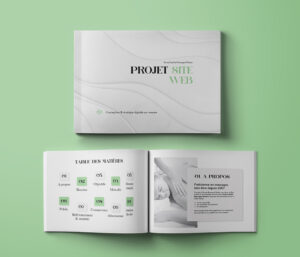 Présentation de projet web sous format PDF avec un design élégant et structuré.