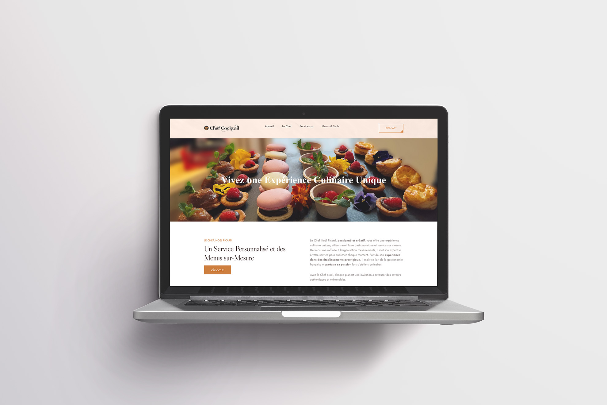 Site web professionnel pour un traiteur chef à domicile proposant des cours de cuisine sur-mesure.